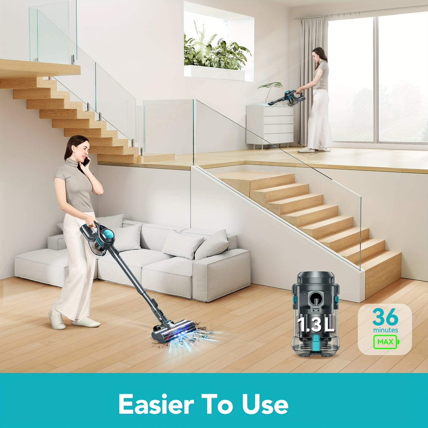 Cordless Vacuum Cleaner – Lightweight Stick Vacuum with Powerful Suction, Detachable Battery, LED Brush, 43.96oz Dust Cup, 4-in-1 Handheld for Home, Hard Floors, Carpet, Pet Hair