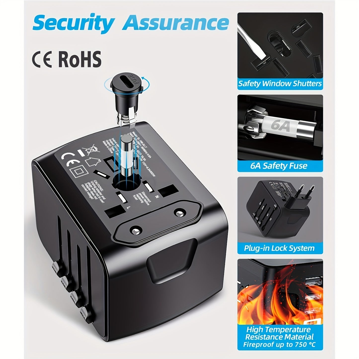 3 Port Universal Travel Adapter with Type-C and AC Socket – Compact Worldwide Plug for Charging Laptops, Phones, Tablets – Black, Safe, Reliable for International Travel