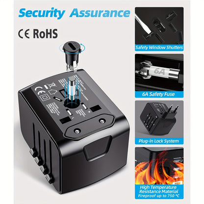 3 Port Universal Travel Adapter with Type-C and AC Socket – Compact Worldwide Plug for Charging Laptops, Phones, Tablets – Black, Safe, Reliable for International Travel