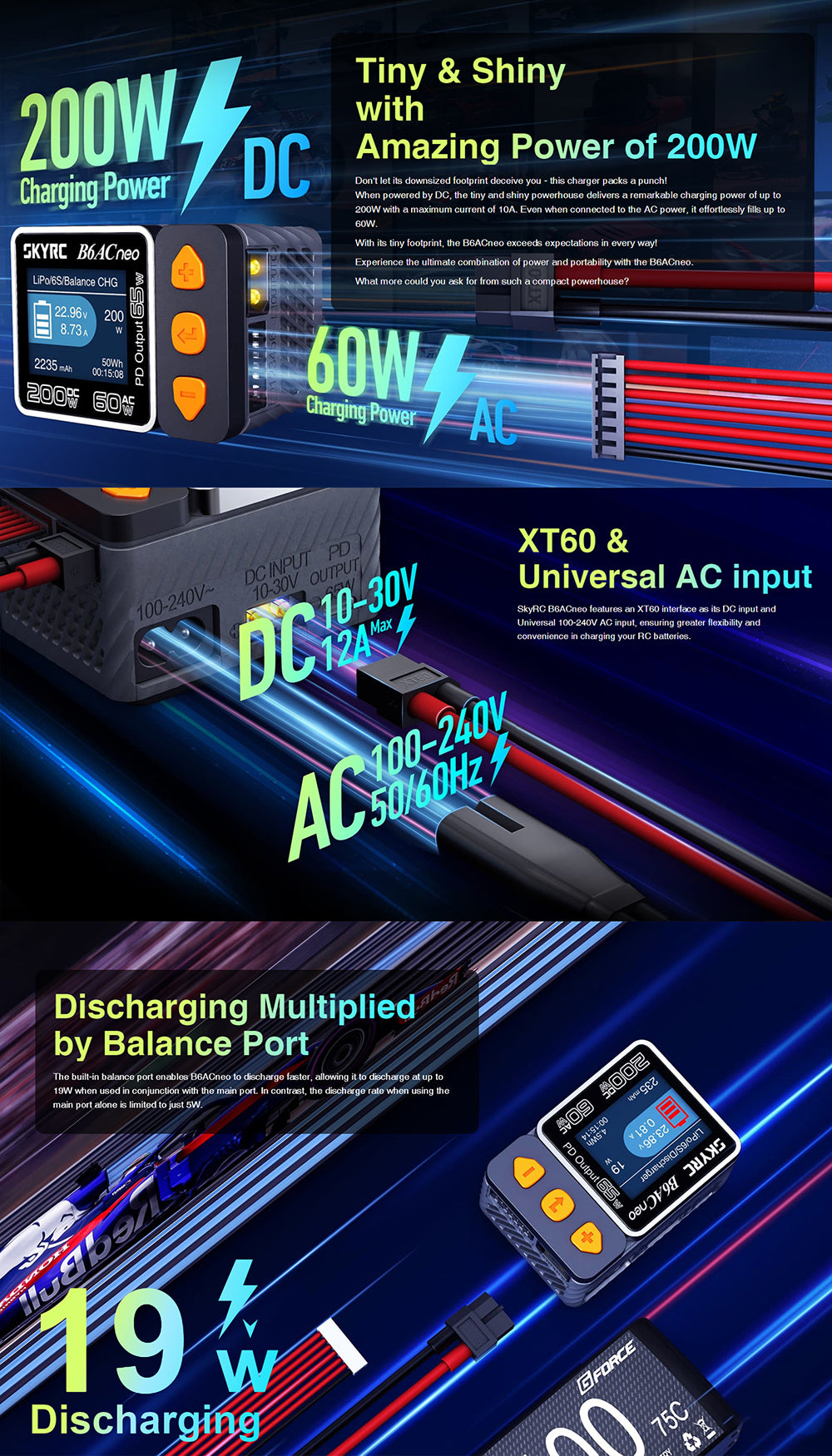SKYRC B6ACneo Balance Charger - 200W DC, 60W AC, 10A Smart Battery Charger for LiPo LiFe LiIon LiHV NiMH NiCd Pb