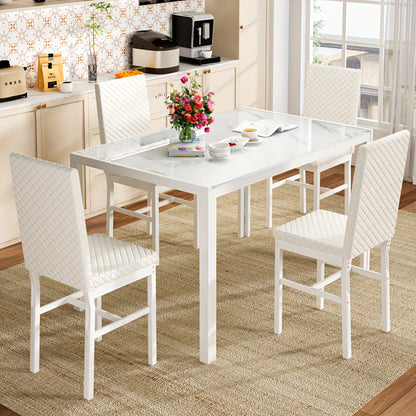 5 Piece Modern Luxurious Dining Room Table Set - Tempered Glass Top, Metal Frame, Faux Leather Chairs, Counter Height for 4 Person Breakfast Nook