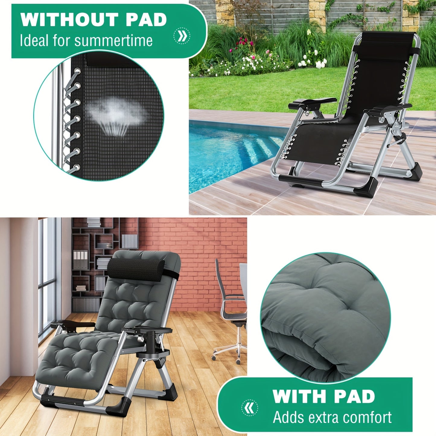 Zero Gravity Chair – Reclining Lounge Chair with Removable Cushion & Cup Holder, Indoor/Outdoor Patio Recliner, Supports Up to 440lbs