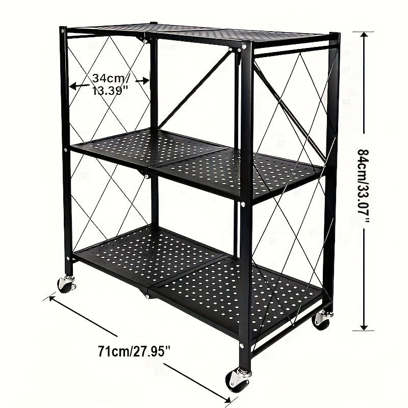 3 Tier Foldable Metal Storage Rack - Heavy Duty Organizer with Wheels for Garage & Kitchen, Easy Movement & Perfect Storage Solution