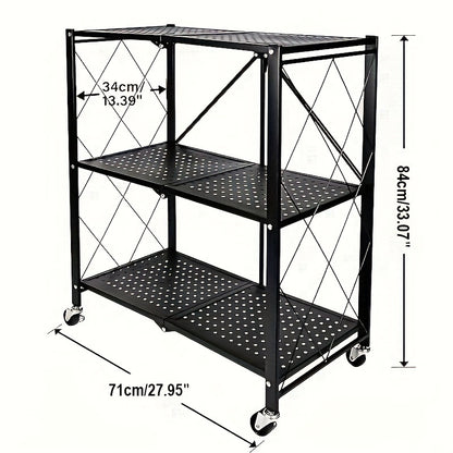 3 Tier Foldable Metal Storage Rack - Heavy Duty Organizer with Wheels for Garage & Kitchen, Easy Movement & Perfect Storage Solution