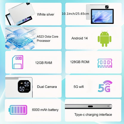 10.1 Inch Android 14 Tablet – 2 in 1 with Keyboard, Mouse, Stylus, 128GB ROM, 12GB RAM, Dual Camera, 5G, 1280x800 Display