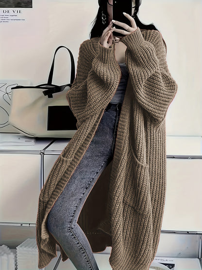 Plus Size Open Front Knit Cardigan - Long Sleeve, Casual Loose Fit with Pockets, Women's Clothing
