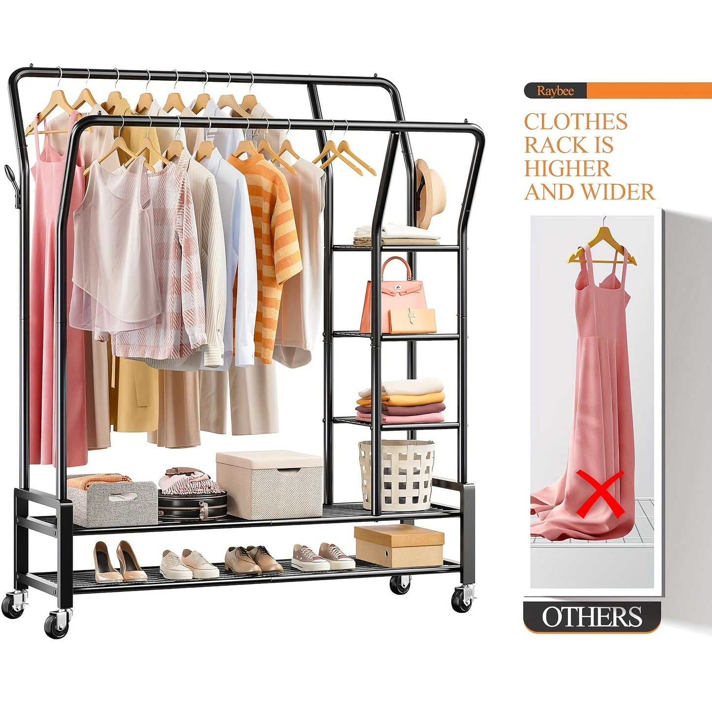 Heavy Duty Double Rod Clothes Rack – 255LBS Capacity, Metal Rolling Closet Rack with Wheels for Hanging Clothes, Laundry Storage Organization