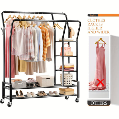 Heavy Duty Double Rod Clothes Rack – 255LBS Capacity, Metal Rolling Closet Rack with Wheels for Hanging Clothes, Laundry Storage Organization