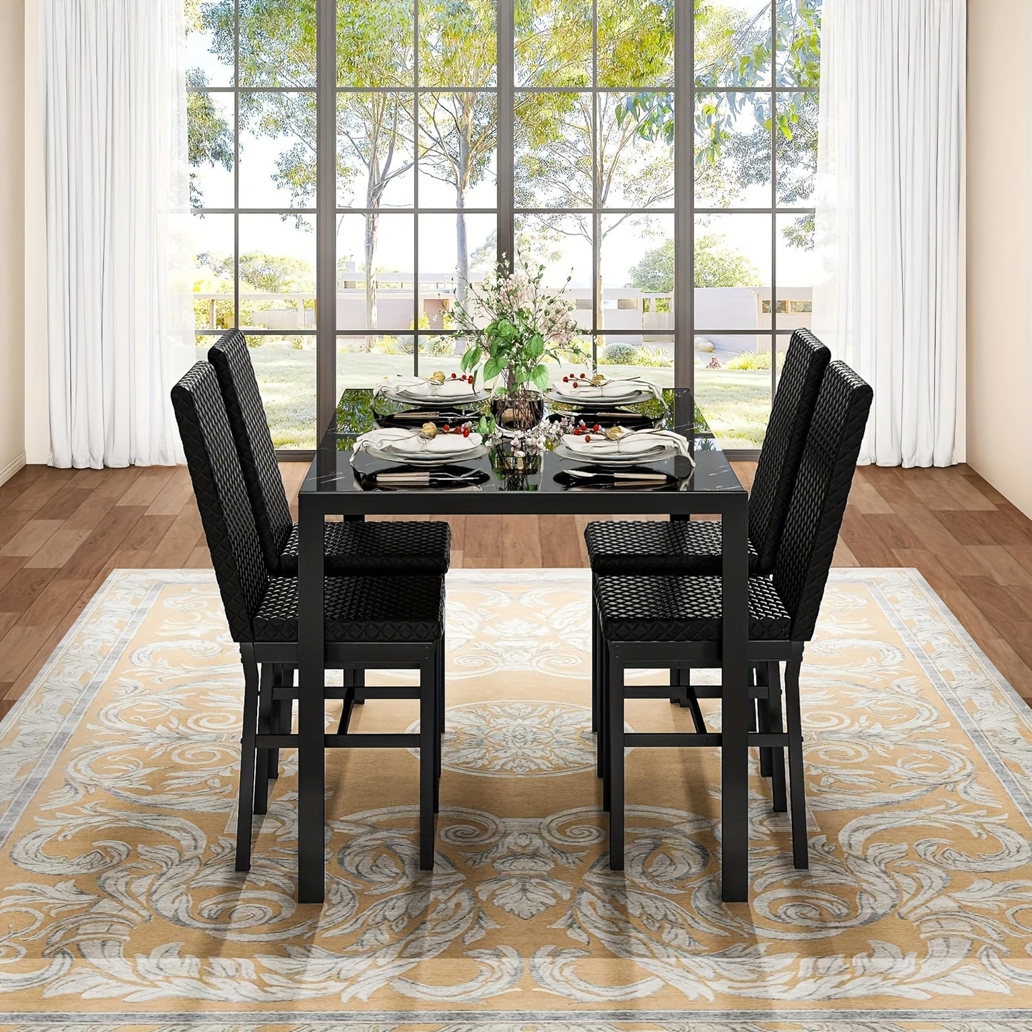5 Piece Modern Luxurious Dining Room Table Set - Tempered Glass Top, Metal Frame, Faux Leather Chairs, Counter Height for 4 Person Breakfast Nook