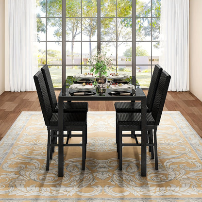 5 Piece Modern Luxurious Dining Room Table Set - Tempered Glass Top, Metal Frame, Faux Leather Chairs, Counter Height for 4 Person Breakfast Nook