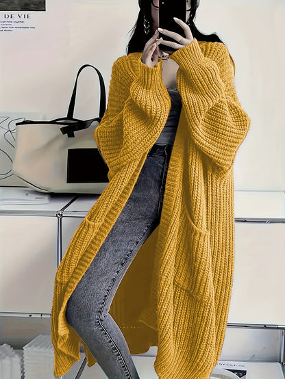 Plus Size Open Front Knit Cardigan - Long Sleeve, Casual Loose Fit with Pockets, Women's Clothing
