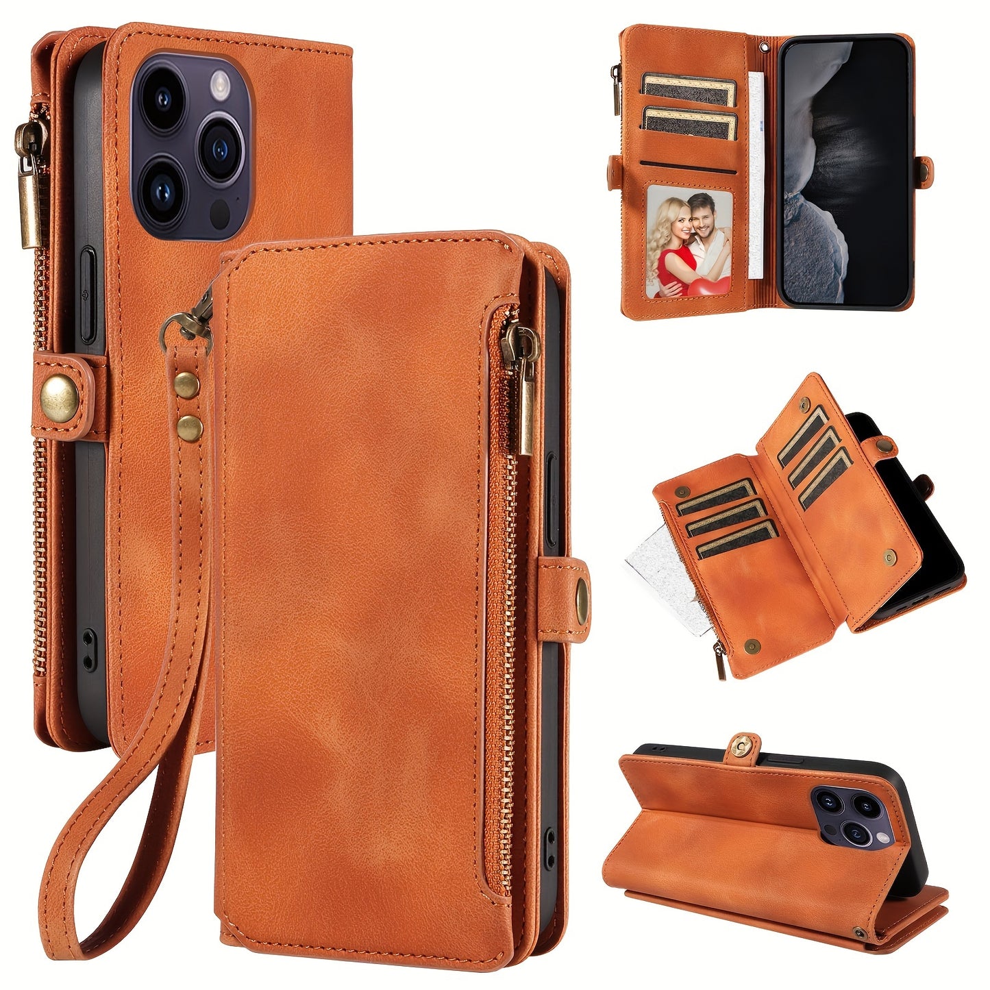 iPhone 15/14/13/12/11 Pro Max Wallet Case – PU Faux Leather Blocking Case with 9 Credit Card Holders, Zipper Closure, Protective Cover for Men & Women