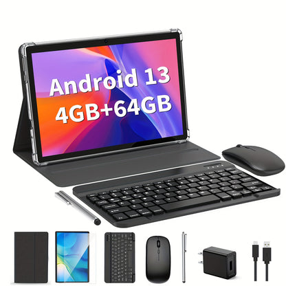 10-Inch 2-in-1 Android Tablet - 4GB RAM, 64GB ROM, Expandable to 1TB, Android 13, WiFi, Includes Keyboard, Mouse, Case and Stylus