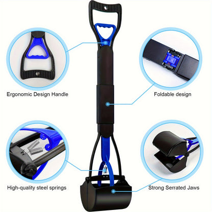 28" Foldable Dog Pooper Scooper – Unbreakable Material with Durable Spring, Ideal for Grass & Gravel, Blue