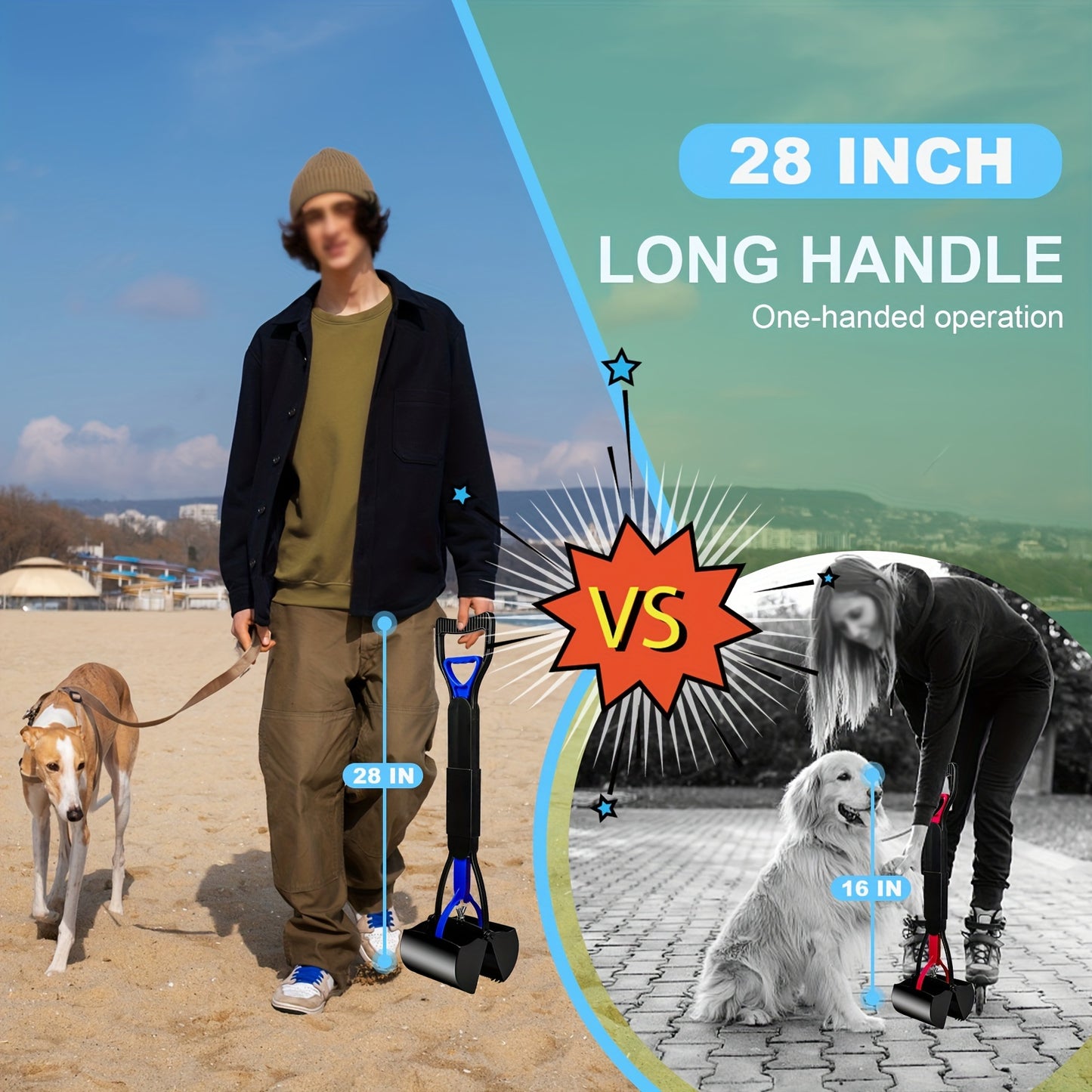 28" Foldable Dog Pooper Scooper – Unbreakable Material with Durable Spring, Ideal for Grass & Gravel, Blue