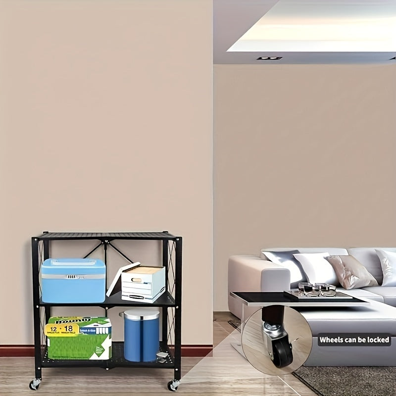 3 Tier Foldable Metal Storage Rack - Heavy Duty Organizer with Wheels for Garage & Kitchen, Easy Movement & Perfect Storage Solution