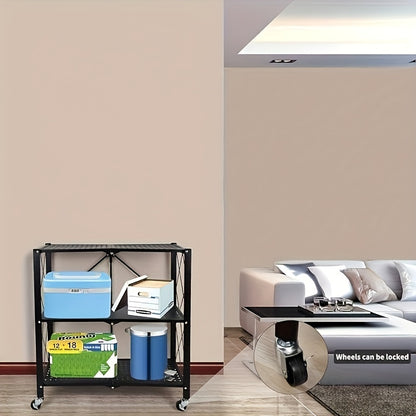 3 Tier Foldable Metal Storage Rack - Heavy Duty Organizer with Wheels for Garage & Kitchen, Easy Movement & Perfect Storage Solution