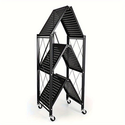 3 Tier Foldable Metal Storage Rack - Heavy Duty Organizer with Wheels for Garage & Kitchen, Easy Movement & Perfect Storage Solution