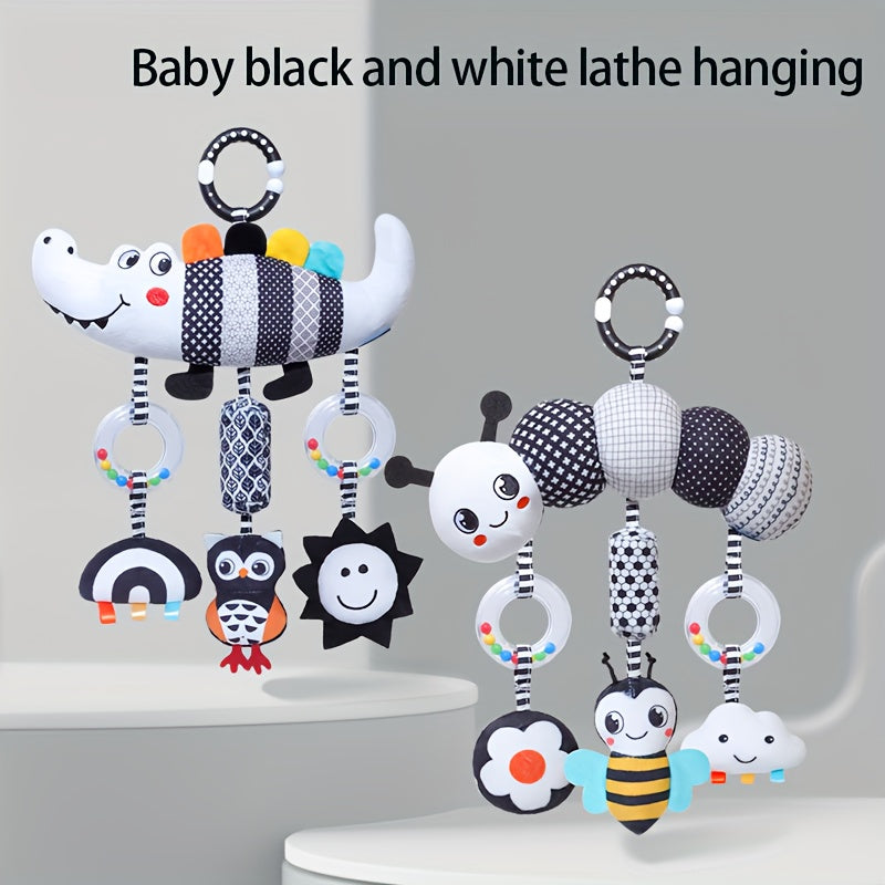 Black and White Animal Wind Chime Plush Toys for Baby Car Seat and Stroller - Soft Hanging Rattle Toy, Ideal Christmas Gift for Infants 0-3 Years