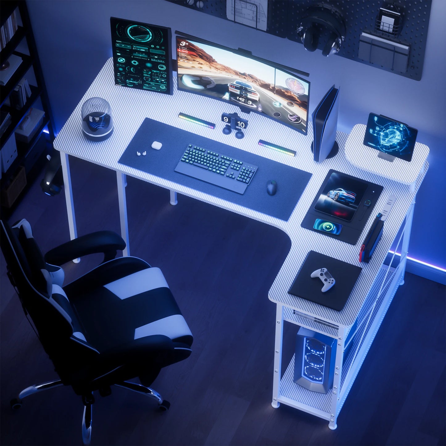 L-Shaped Gaming Desk with Drawers – Carbon Fiber Computer Desk with Monitor Arm for Home Office
