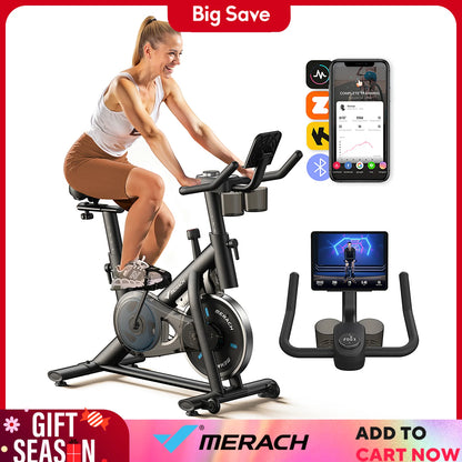 MERACH Exercise Bike – Low Noise Stationary Cycling Bike with 270lbs Weight Capacity, Tablet Mount & Fitness Courses for Indoor Workouts