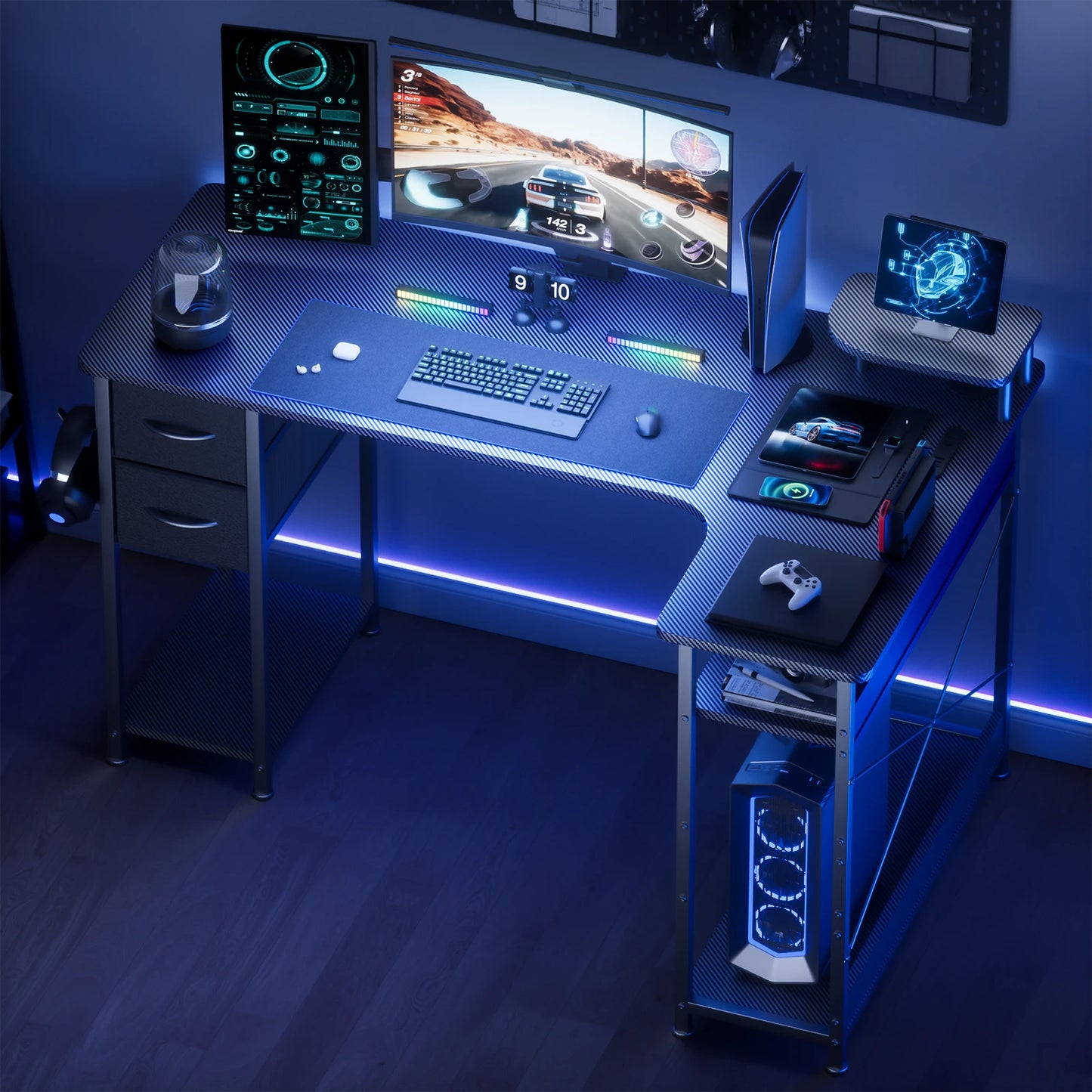 L-Shaped Gaming Desk with Drawers – Carbon Fiber Computer Desk with Monitor Arm for Home Office