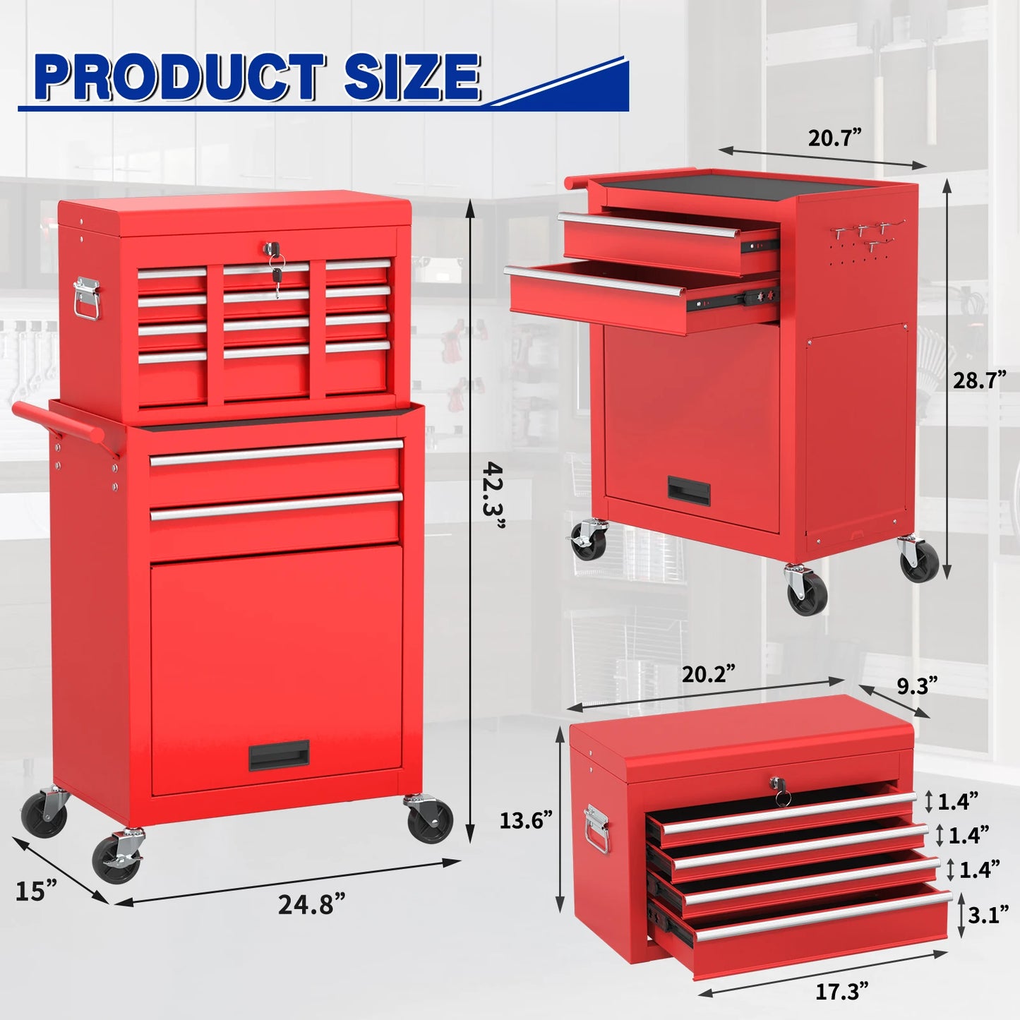 43.9 Inch 6-Drawer Rolling Tool Chest — Red Heavy-Duty Storage Cabinet
