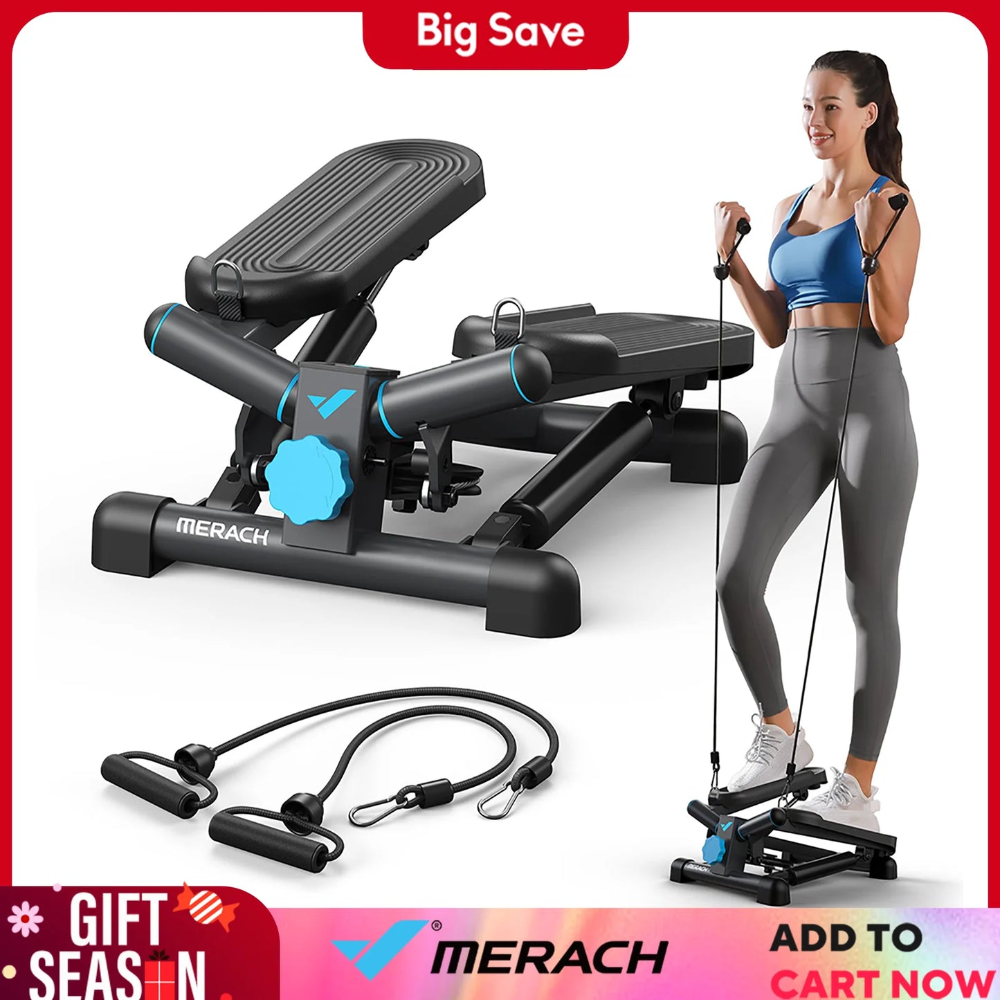MERACH Mini Stepper with Resistance Bands — 330lbs Capacity Fitness Stepper for Home Exercise & Twisting Workouts