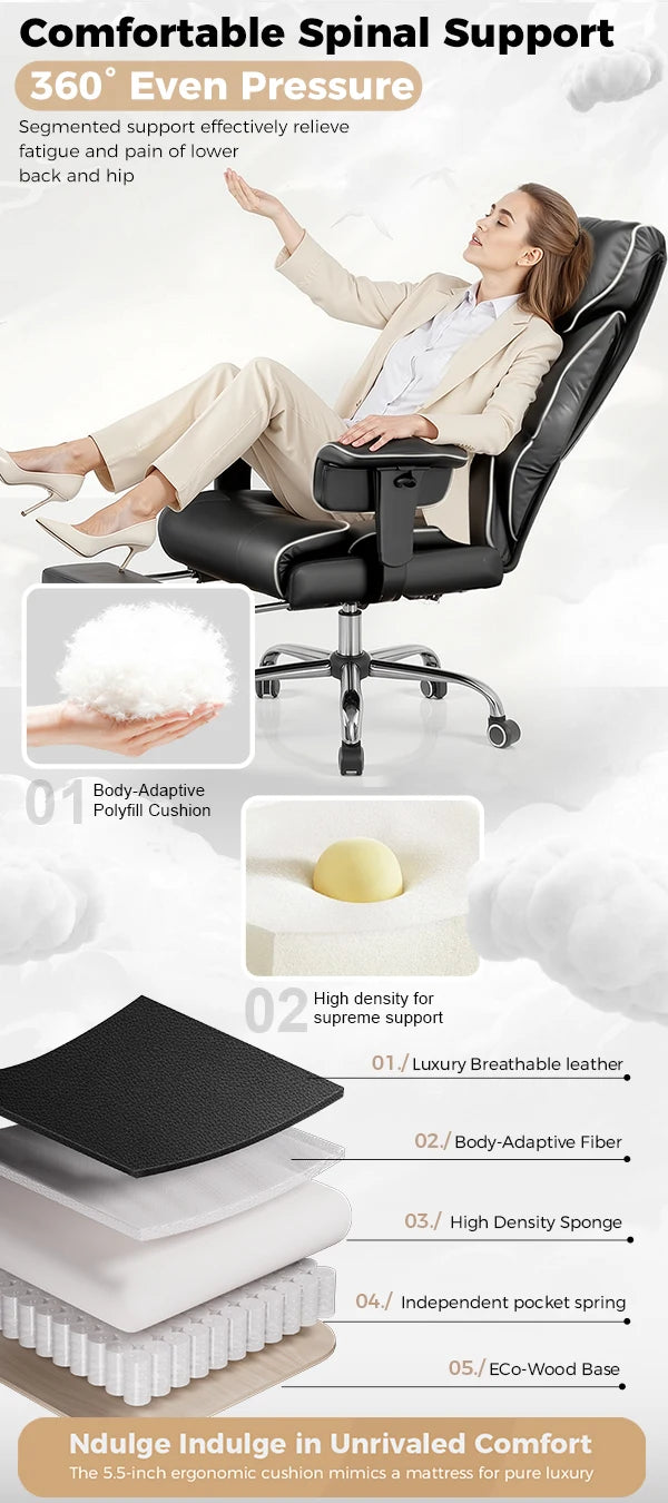 COMHOMA Big & Tall Office Chair – 400lbs High Back Leather Executive Chair with Ergonomic Lumbar Support & Pocket Spring Cushion