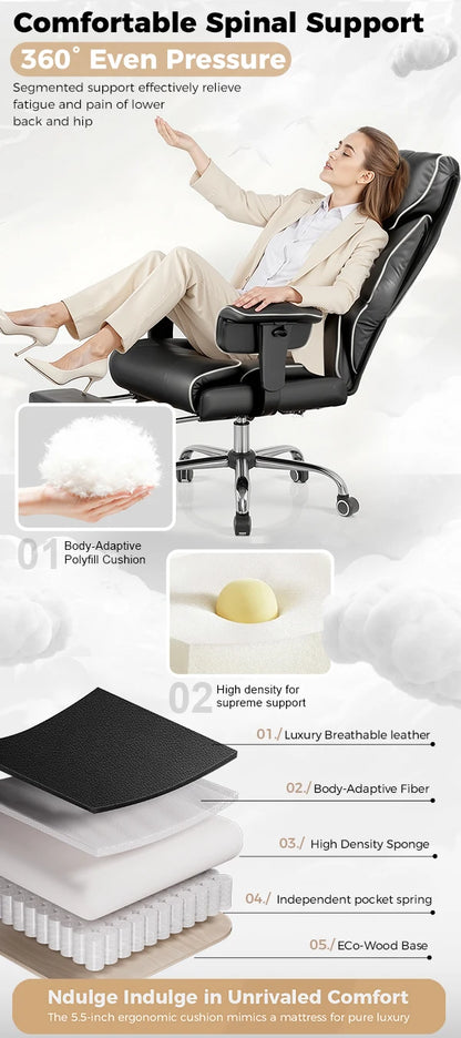 COMHOMA Big & Tall Office Chair – 400lbs High Back Leather Executive Chair with Ergonomic Lumbar Support & Pocket Spring Cushion