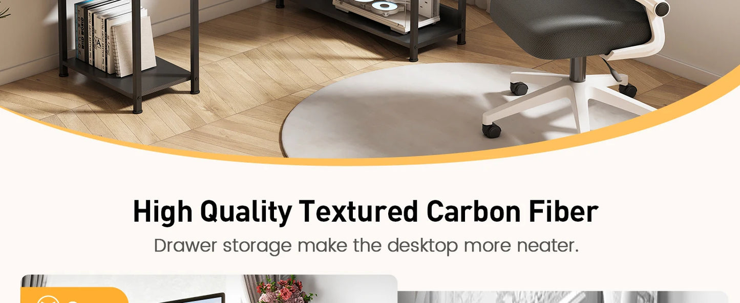 L-Shaped Gaming Desk with Drawers – Carbon Fiber Computer Desk with Monitor Arm for Home Office