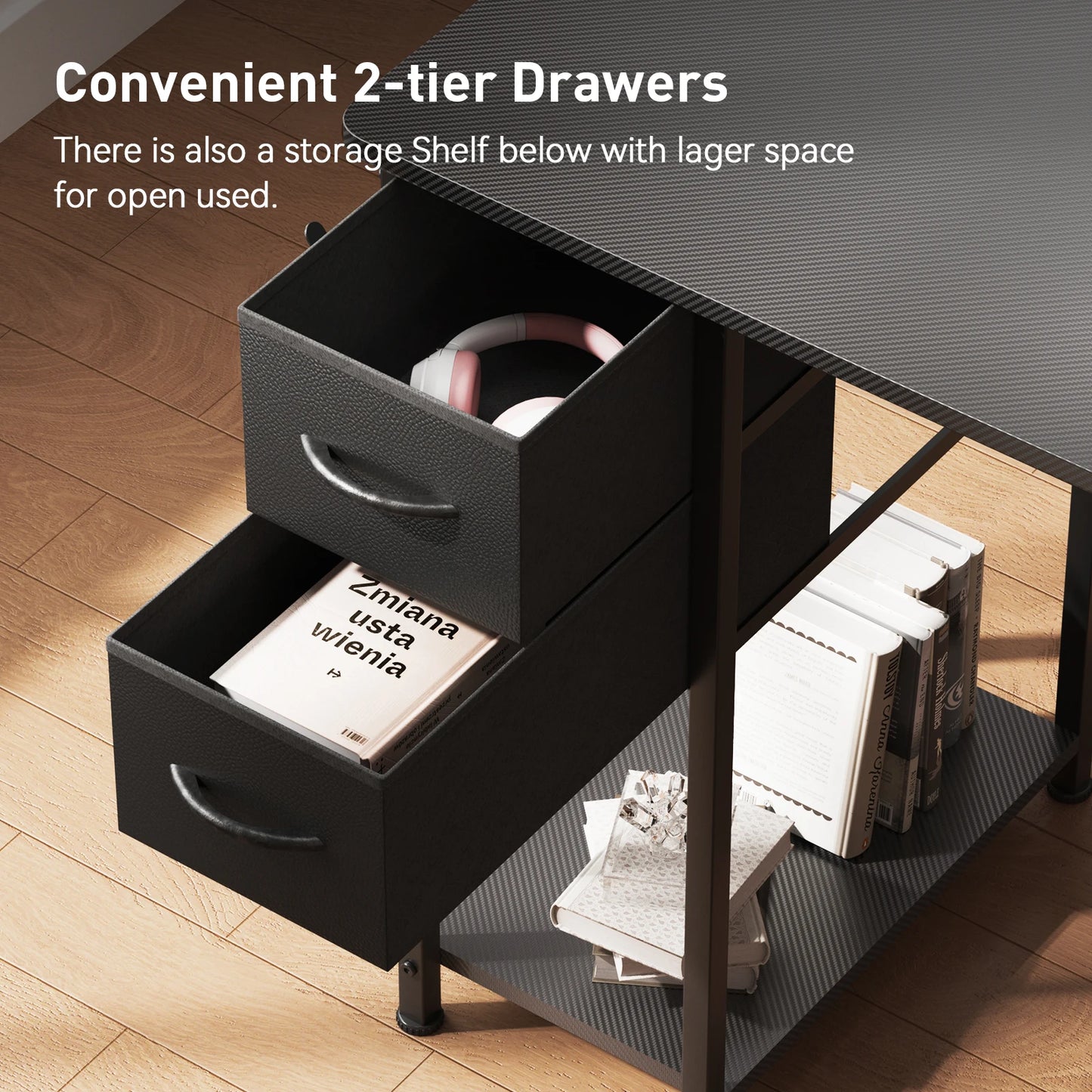 L-Shaped Gaming Desk with Drawers – Carbon Fiber Computer Desk with Monitor Arm for Home Office