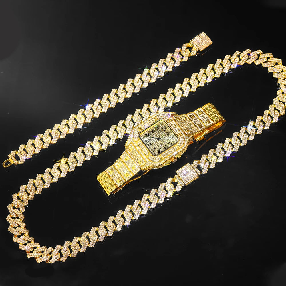 Gold Color Cuban Chain Watch for Men - Hip Hop Miami Curb, Iced Out Rhinestones, Bling Rapper Necklace, Watch & Bracelet Jewelry