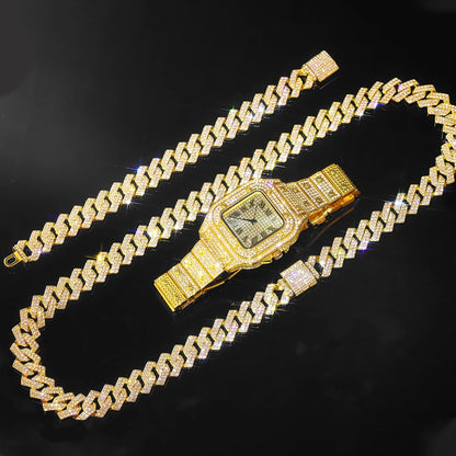 Gold Color Cuban Chain Watch for Men - Hip Hop Miami Curb, Iced Out Rhinestones, Bling Rapper Necklace, Watch & Bracelet Jewelry