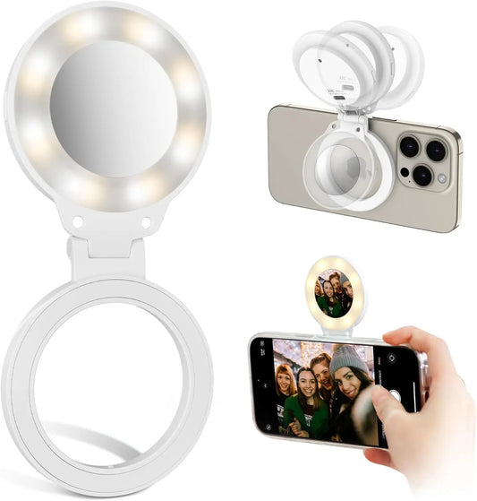 JJC Rechargeable Selfie LED Ring Light - Magnetic Design, 3 Adjustable Light Modes - 180°Foldable for iPhone 15, 14, 13