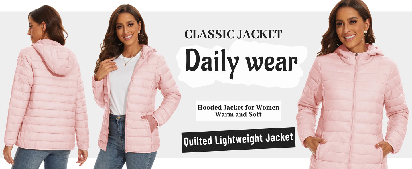 TACVASEN Women's Hooded Puffer Jacket – Full Zip Quilted Winter Coat, Lightweight Windbreaker Outerwear