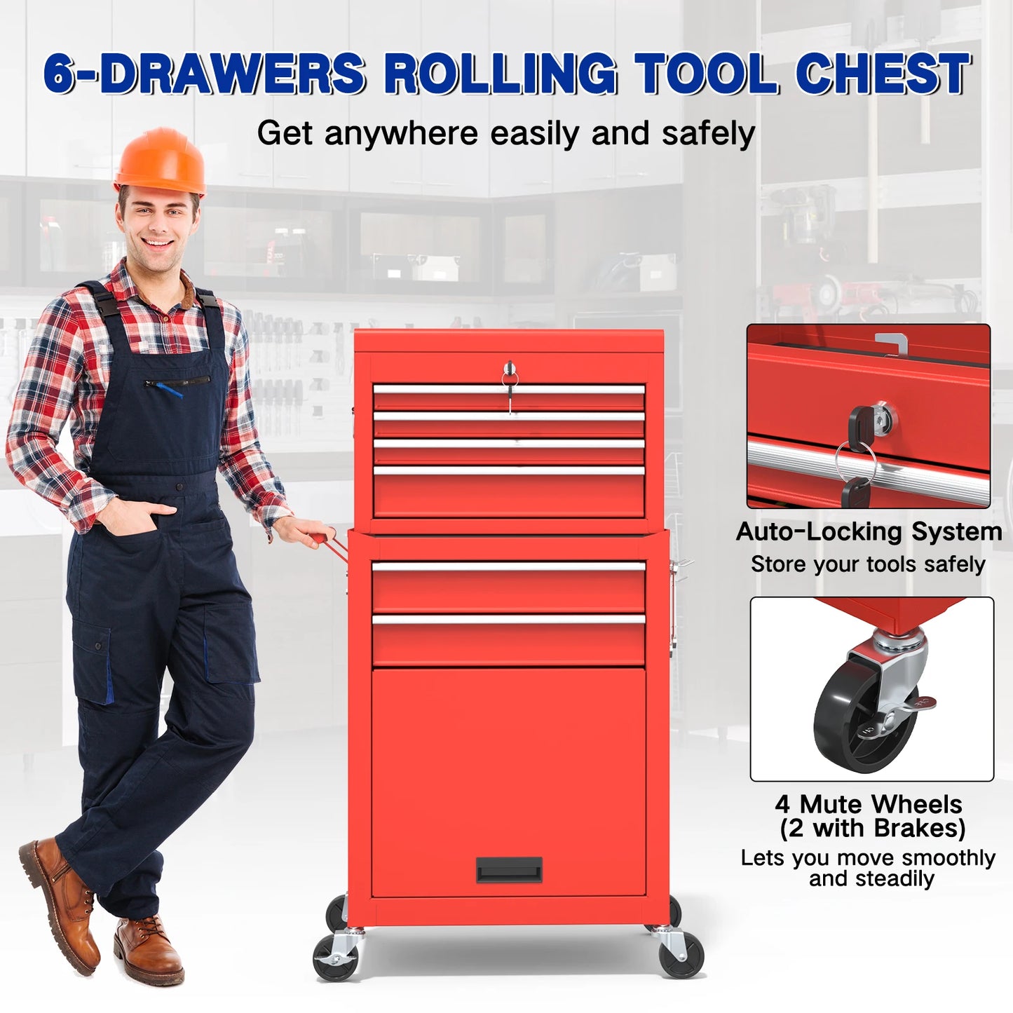43.9 Inch 6-Drawer Rolling Tool Chest — Red Heavy-Duty Storage Cabinet