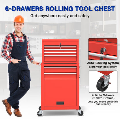 43.9 Inch 6-Drawer Rolling Tool Chest — Red Heavy-Duty Storage Cabinet
