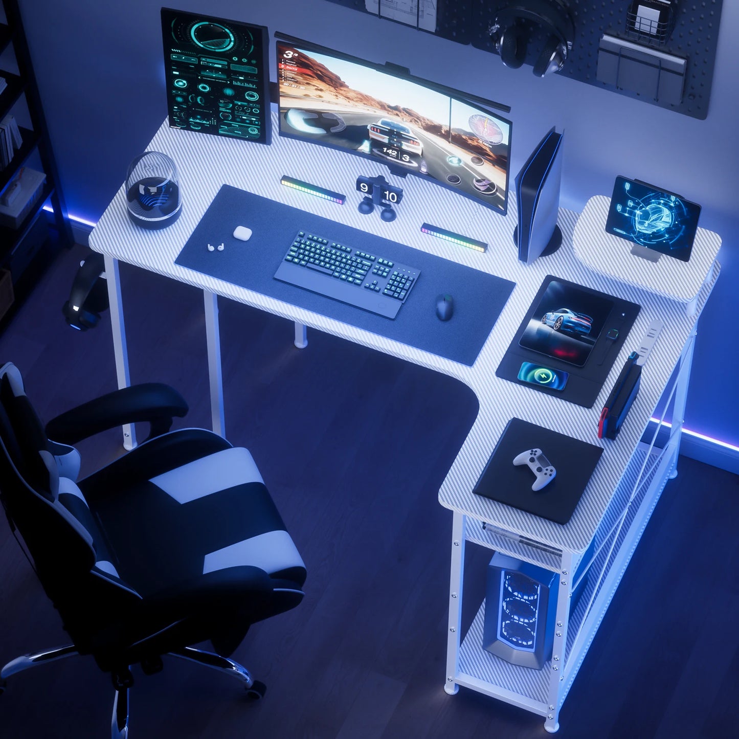 L-Shaped Gaming Desk with Drawers – Carbon Fiber Computer Desk with Monitor Arm for Home Office