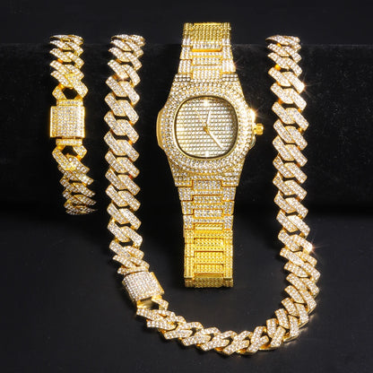 Gold Color Cuban Chain Watch for Men - Hip Hop Miami Curb, Iced Out Rhinestones, Bling Rapper Necklace, Watch & Bracelet Jewelry
