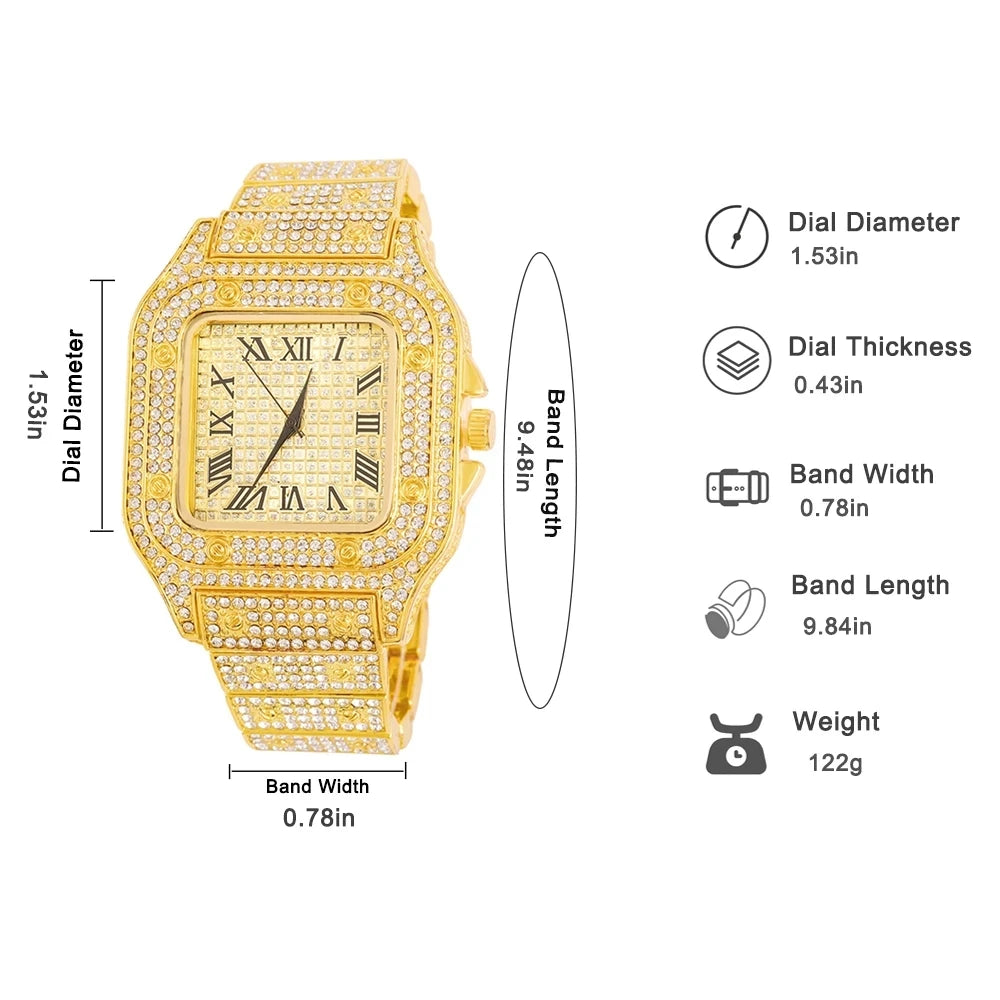 Gold Color Cuban Chain Watch for Men - Hip Hop Miami Curb, Iced Out Rhinestones, Bling Rapper Necklace, Watch & Bracelet Jewelry