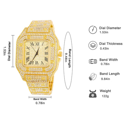 Gold Color Cuban Chain Watch for Men - Hip Hop Miami Curb, Iced Out Rhinestones, Bling Rapper Necklace, Watch & Bracelet Jewelry