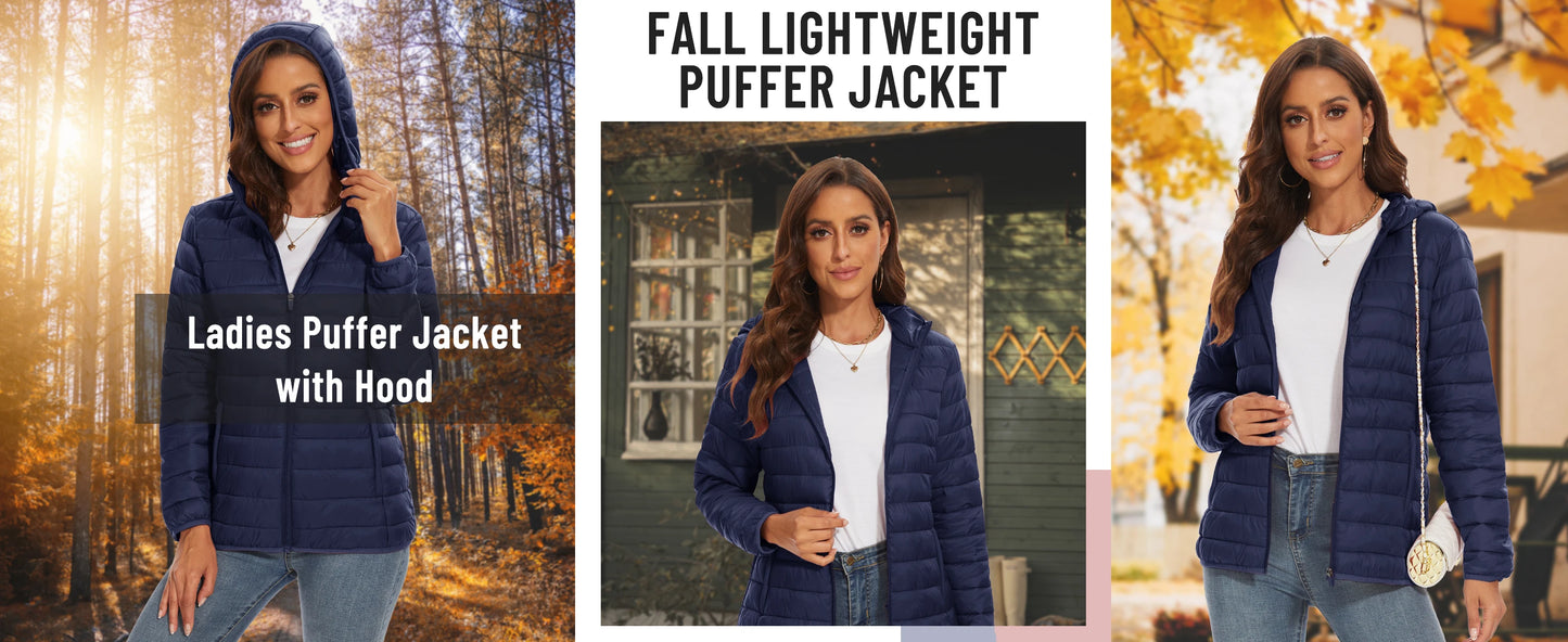 TACVASEN Women's Hooded Puffer Jacket – Full Zip Quilted Winter Coat, Lightweight Windbreaker Outerwear