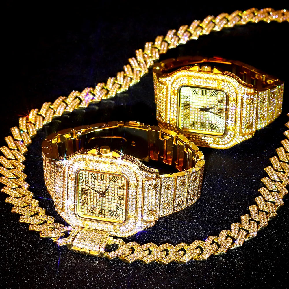 Gold Color Cuban Chain Watch for Men - Hip Hop Miami Curb, Iced Out Rhinestones, Bling Rapper Necklace, Watch & Bracelet Jewelry