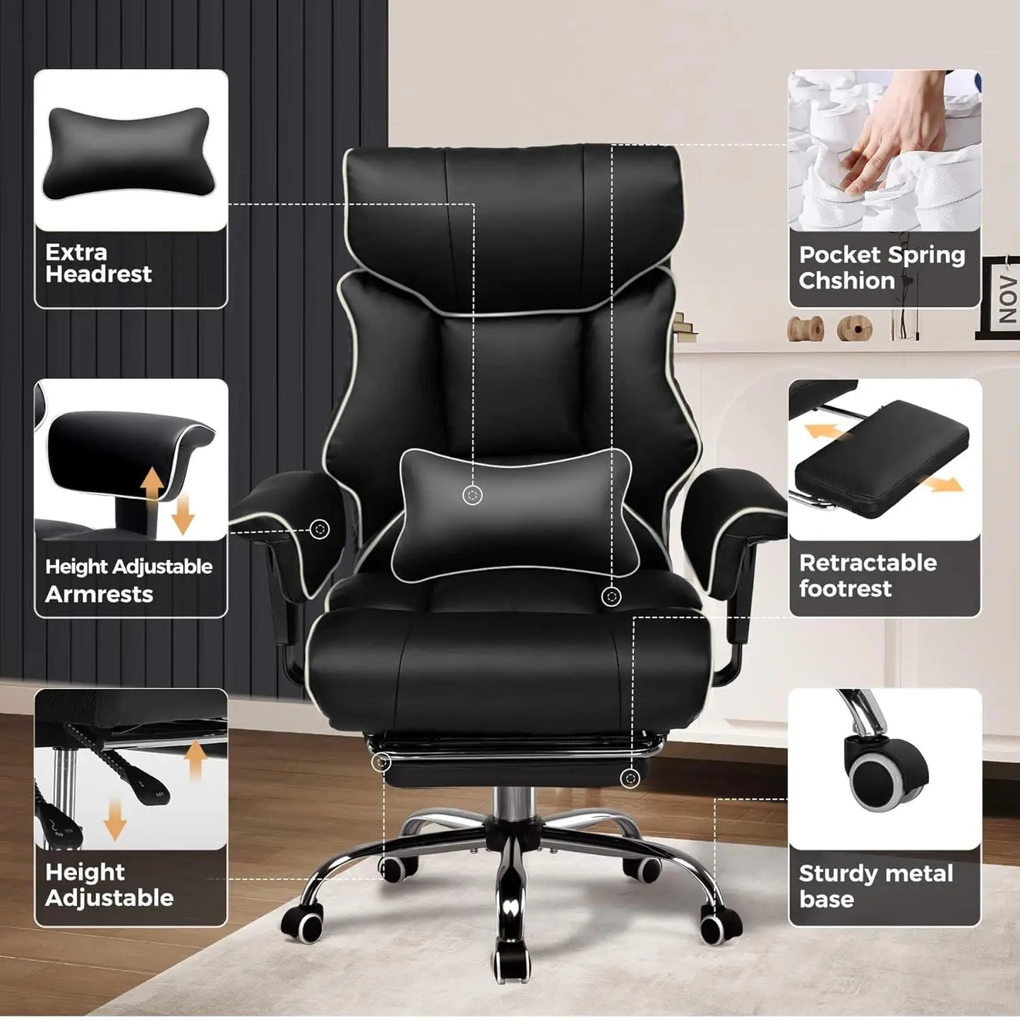 COMHOMA Big & Tall Office Chair – 400lbs High Back Leather Executive Chair with Ergonomic Lumbar Support & Pocket Spring Cushion