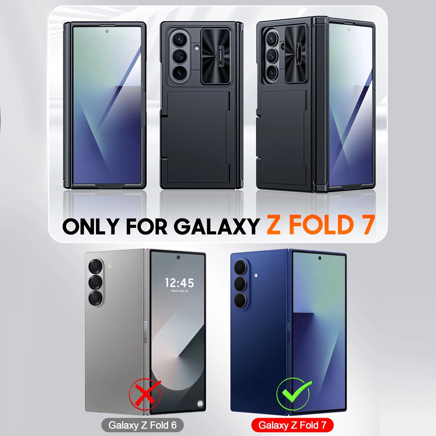 Samsung Galaxy Z Fold 7 Case – Black Shockproof Silicone Wallet with RFID Card Holder, Hinge & Camera Protection