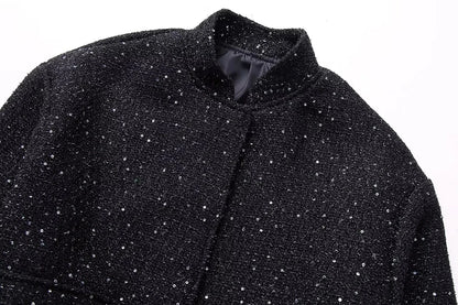 Nlzgmsj Women's Shiny Sequin Jacket – Y2K Gold Stand Collar Long Sleeve Short Coat, Autumn/Winter High Streetwear