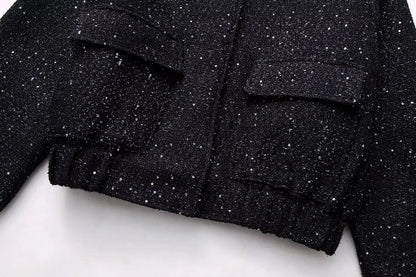 Nlzgmsj Women's Shiny Sequin Jacket – Y2K Gold Stand Collar Long Sleeve Short Coat, Autumn/Winter High Streetwear