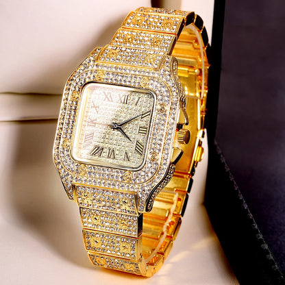 Gold Color Cuban Chain Watch for Men - Hip Hop Miami Curb, Iced Out Rhinestones, Bling Rapper Necklace, Watch & Bracelet Jewelry