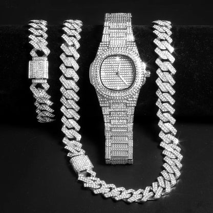 Gold Color Cuban Chain Watch for Men - Hip Hop Miami Curb, Iced Out Rhinestones, Bling Rapper Necklace, Watch & Bracelet Jewelry